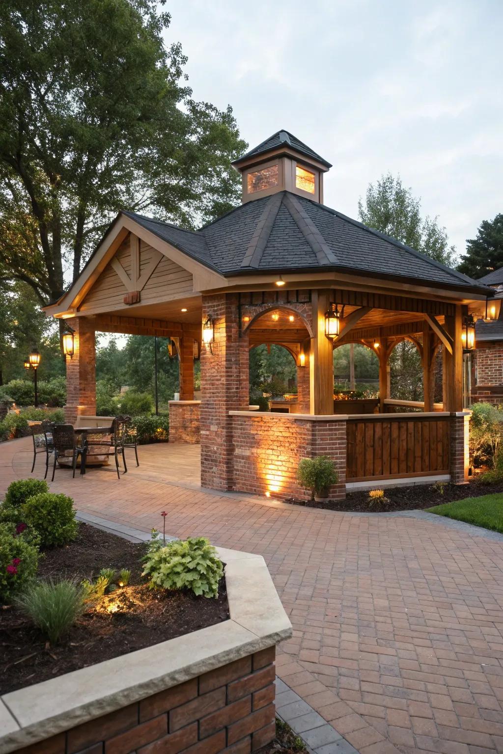 A blend of brick and wood creating a warm, inviting pavilion.