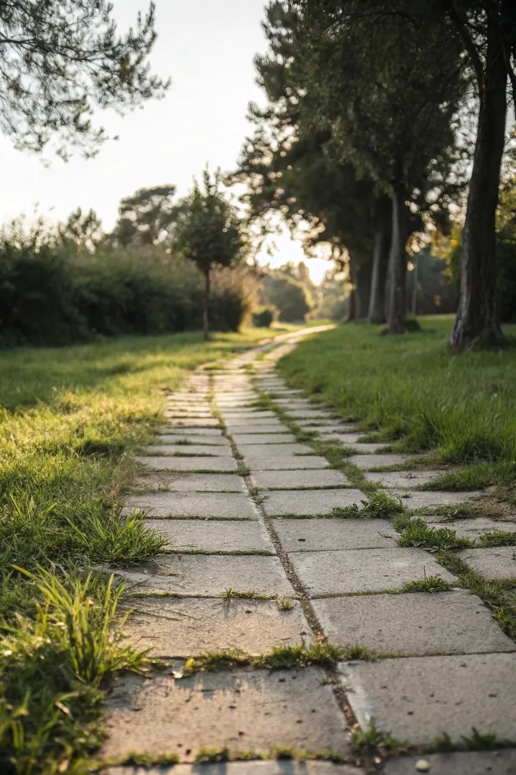 Greenery-infused path with grass between pavers.
