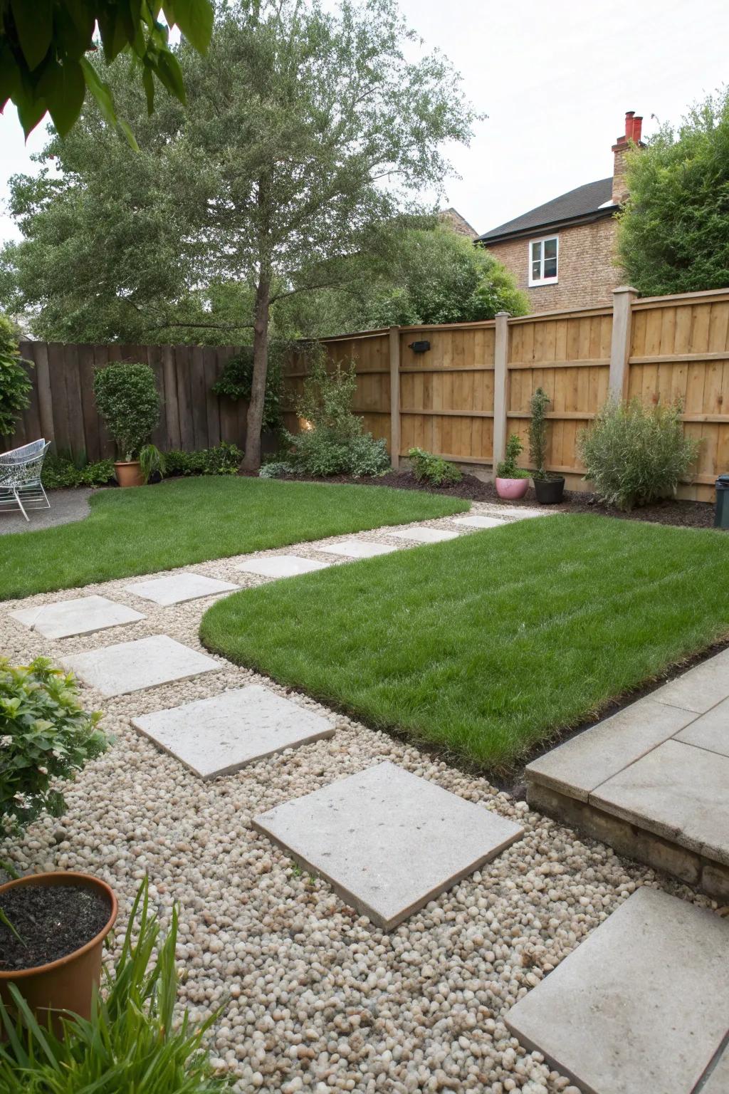 A mix of pea gravel and grass offers a delightful play area for pets.