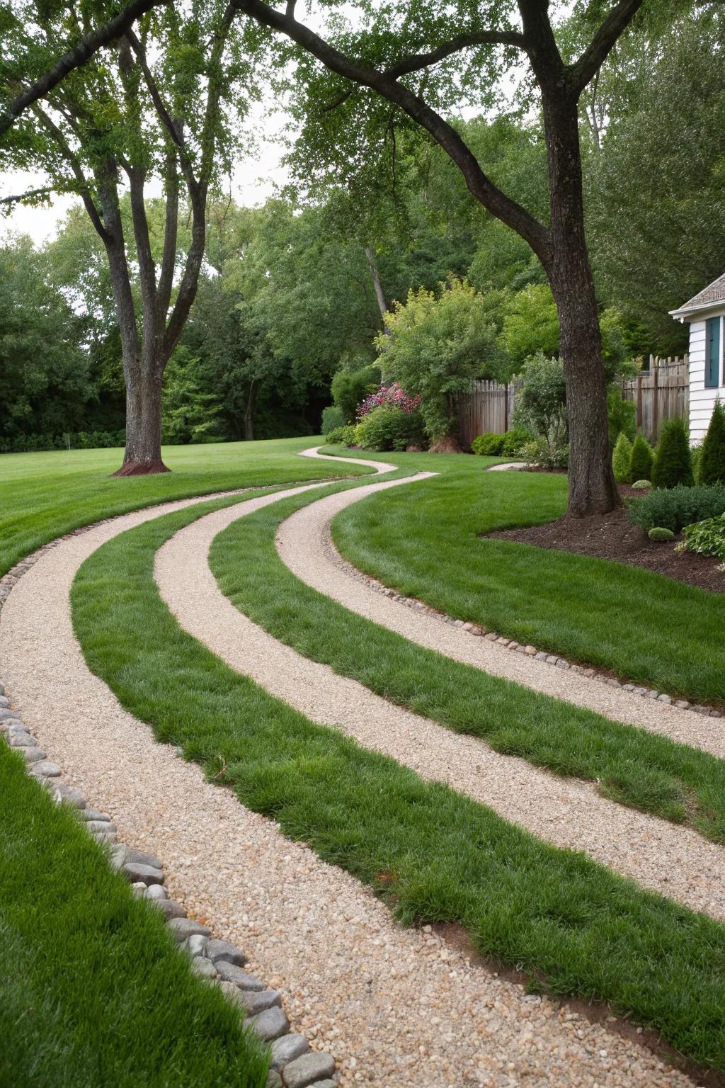 A pea gravel driveway mixed with grass for a natural aesthetic.