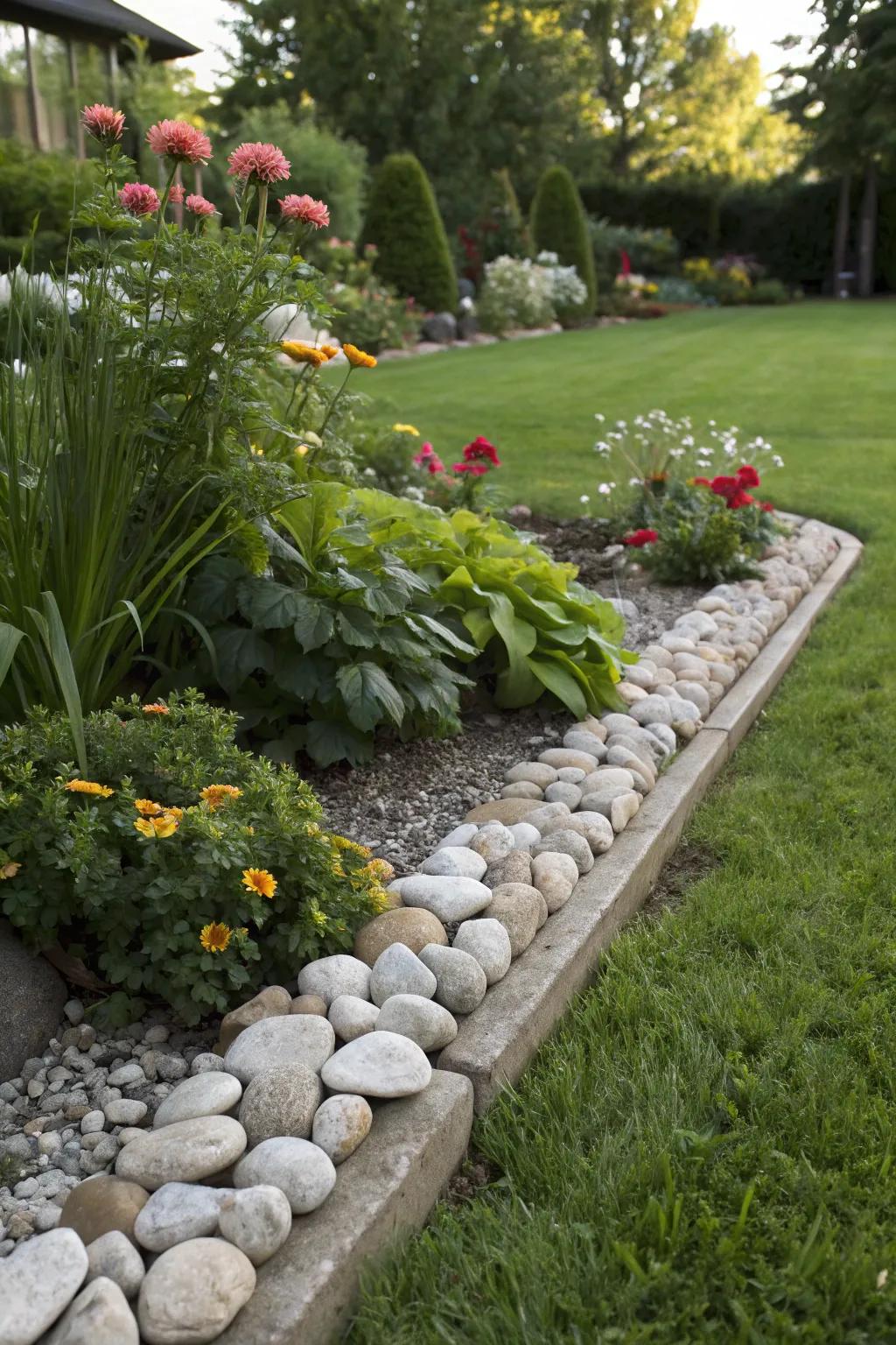 Pebble borders framing garden beds for a polished look.