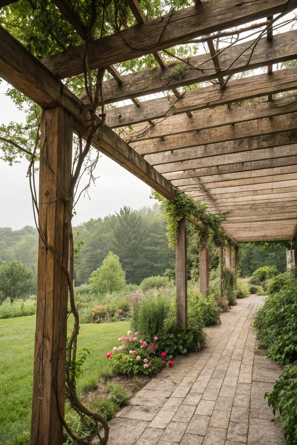 Reclaimed wood adds rustic charm and character to your pergola.