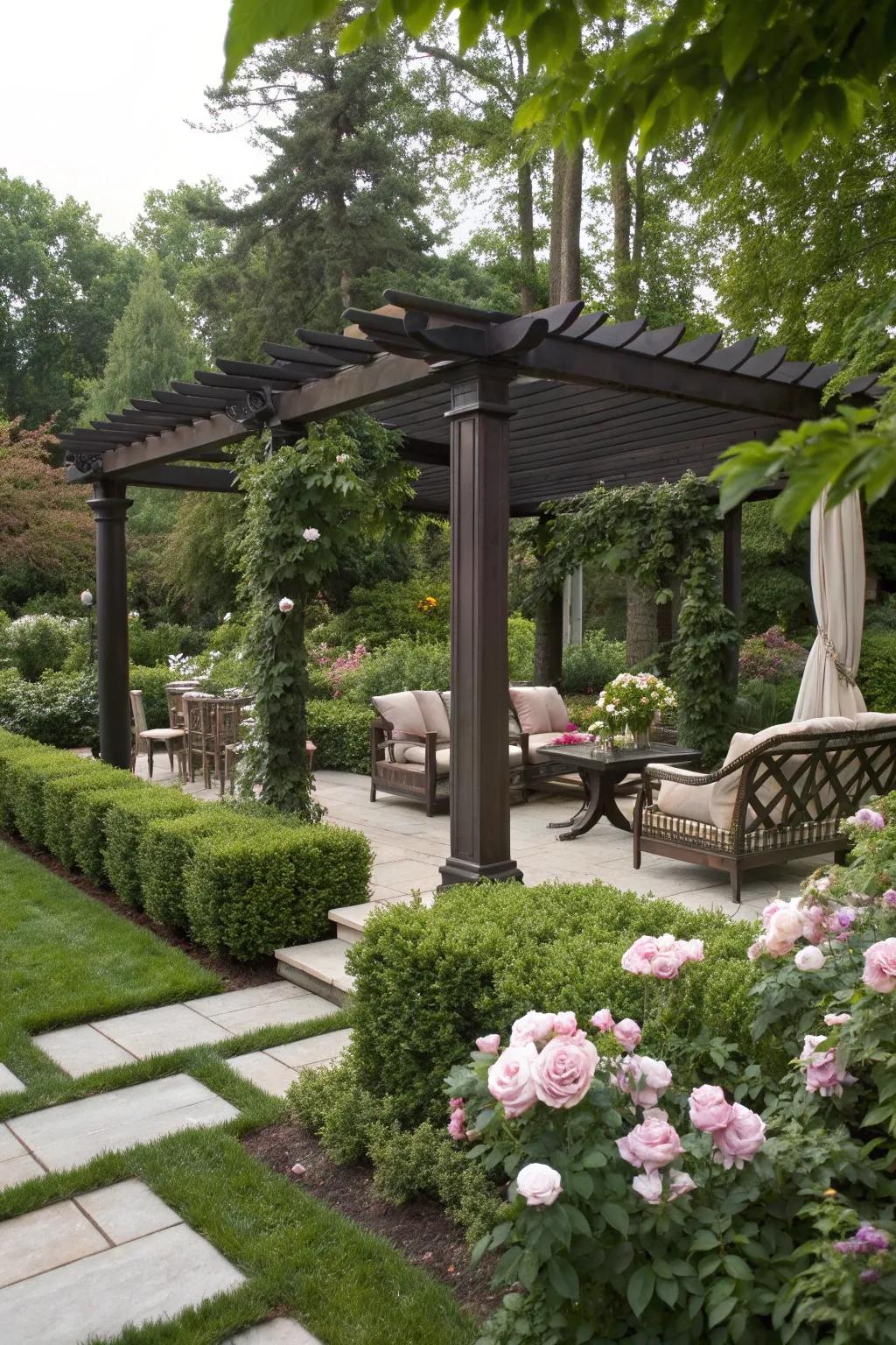 Dark wood pergolas offer an elegant and dramatic touch to gardens.