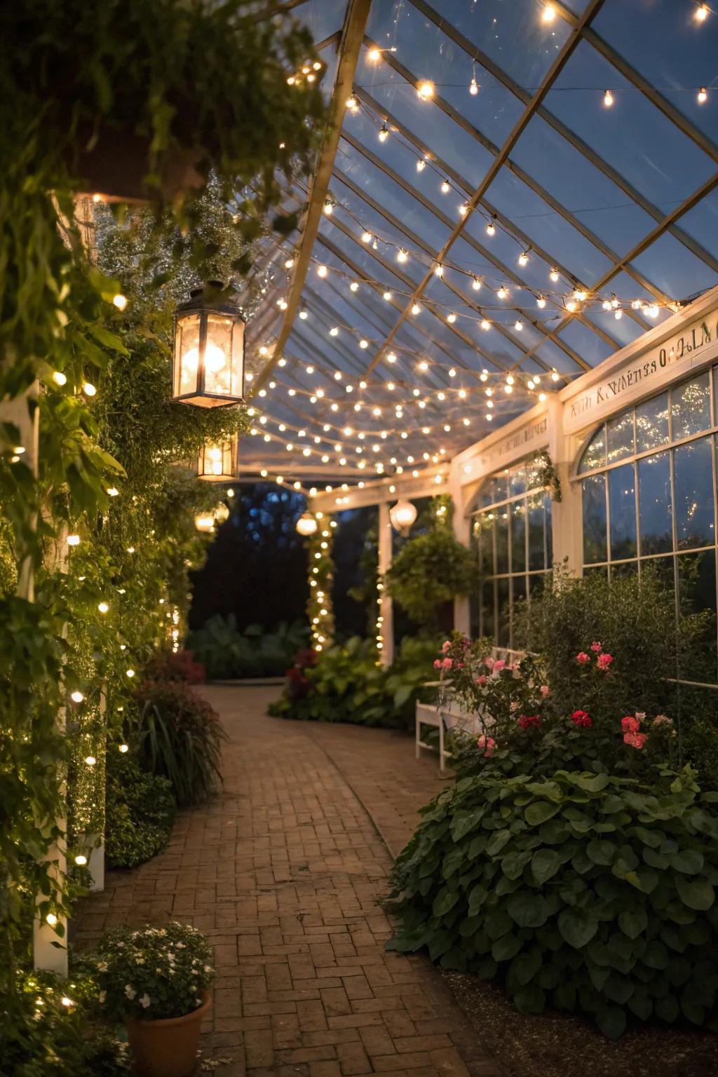 Romantic lighting in a pergola greenhouse, creating an enchanting atmosphere.