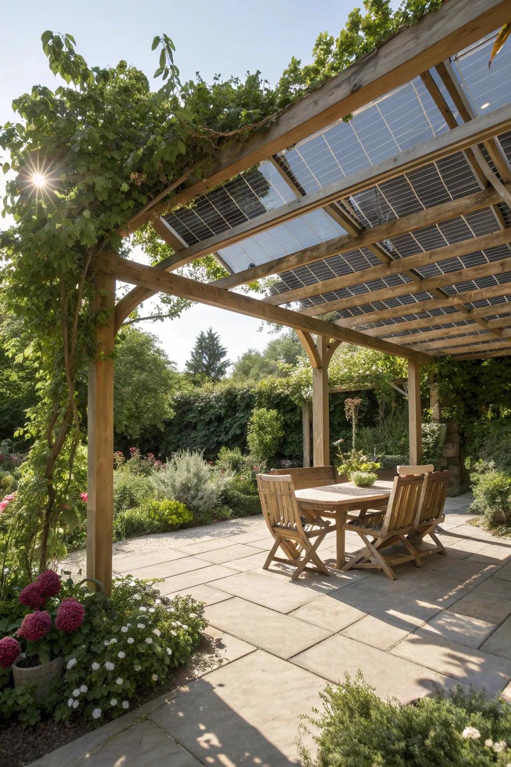 Harness the sun's power with solar panels on your pergola.