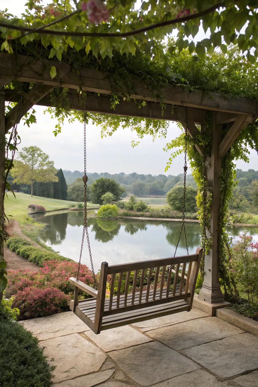A pergola swing with a stunning view enhances relaxation.