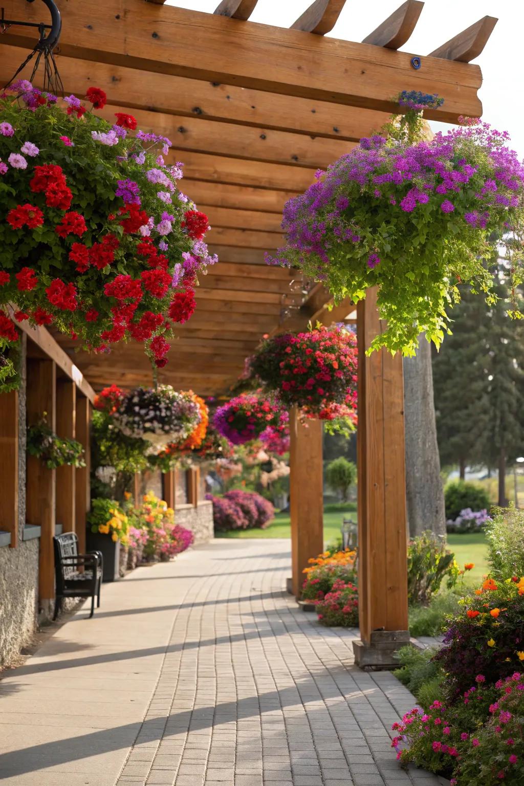 Hanging planters bring life and color to your pergola top.