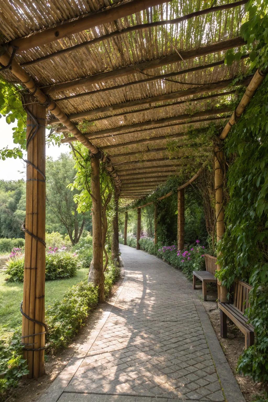 A bamboo pergola walkway evoking a tropical garden getaway.