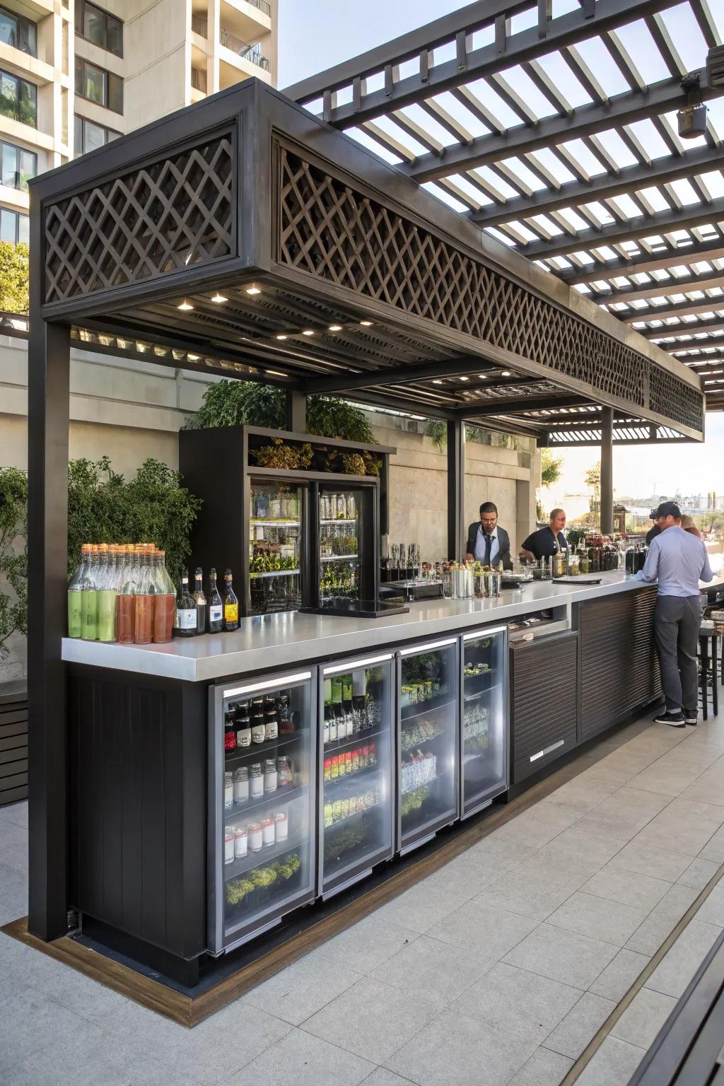 Integrated refrigeration keeps this pergola bar ready for any gathering.