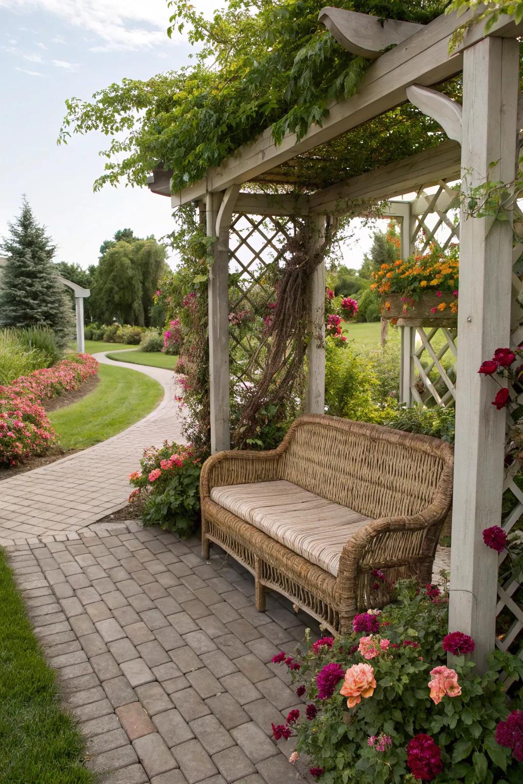 Wicker bench seating under a pergola for a natural touch.