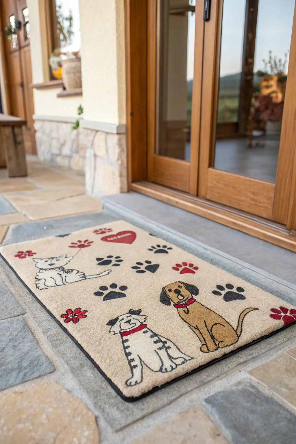 A pet-themed door mat welcoming both guests and furry friends.
