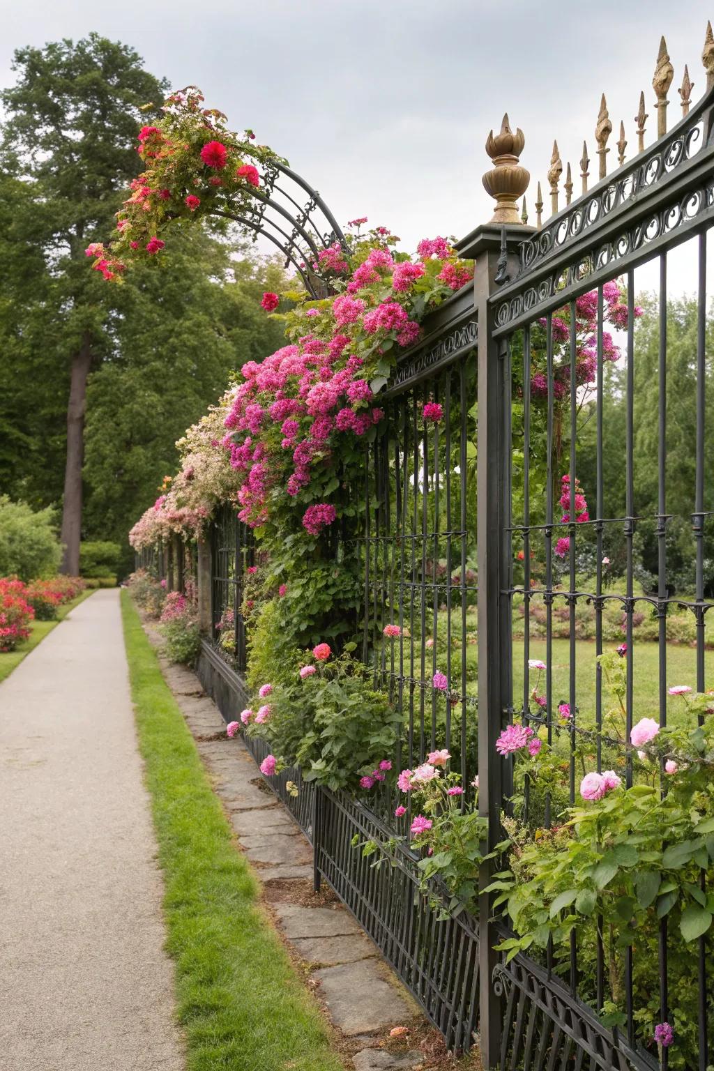 Iron fences with floral accents blend durability with natural beauty.