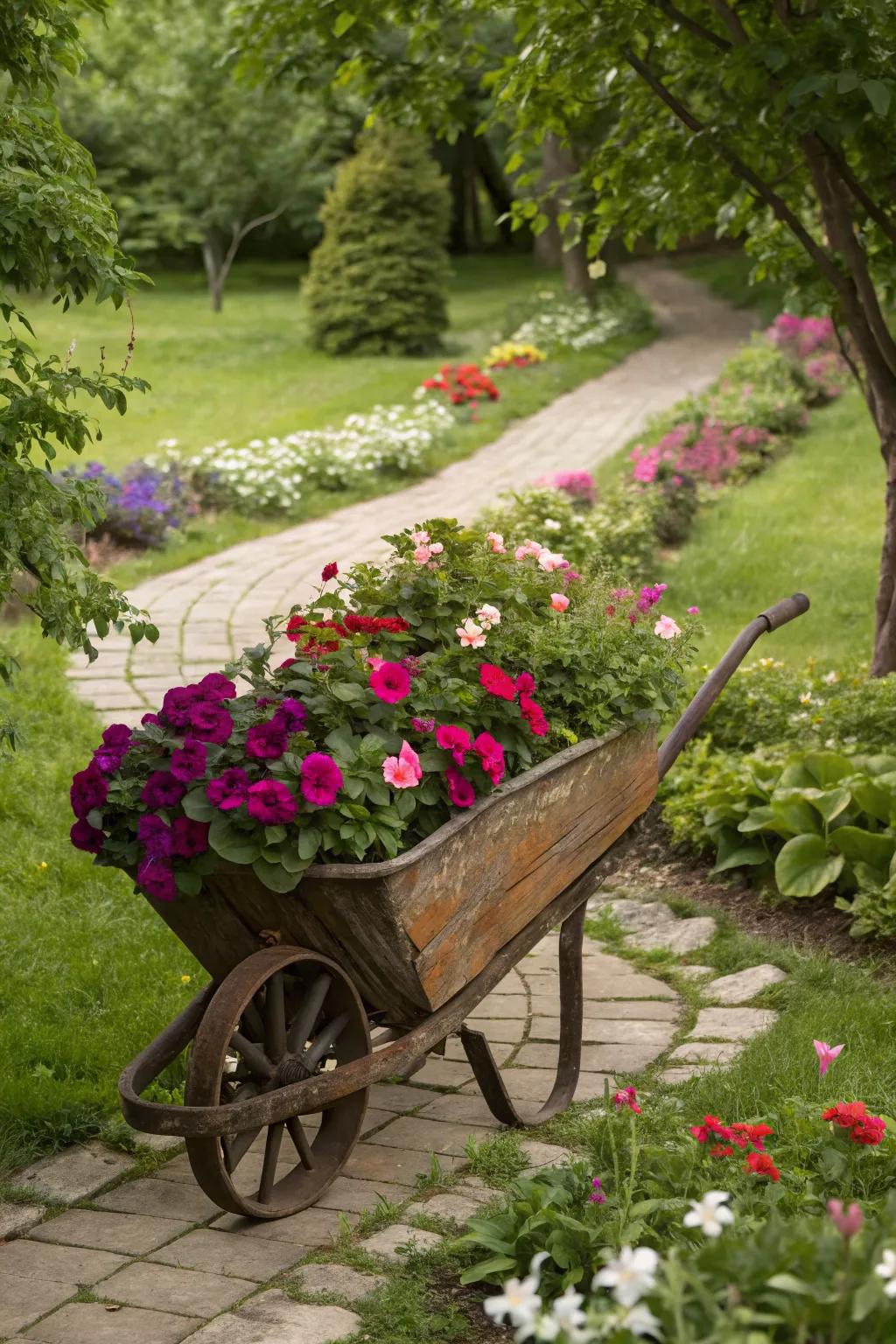 Wheelbarrow planters bring nostalgic charm to petunia arrangements.