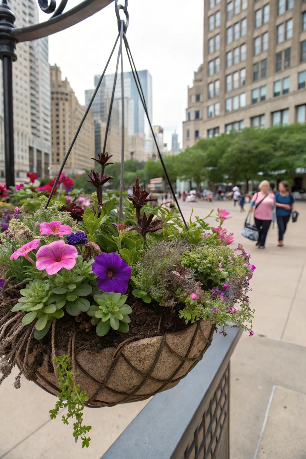 A miniature garden with petunias and succulents.