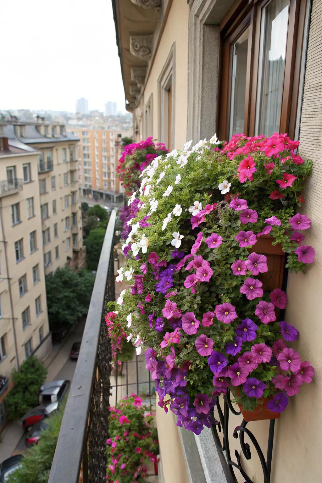 Vertical petunia displays maximize space and make a dramatic impact.