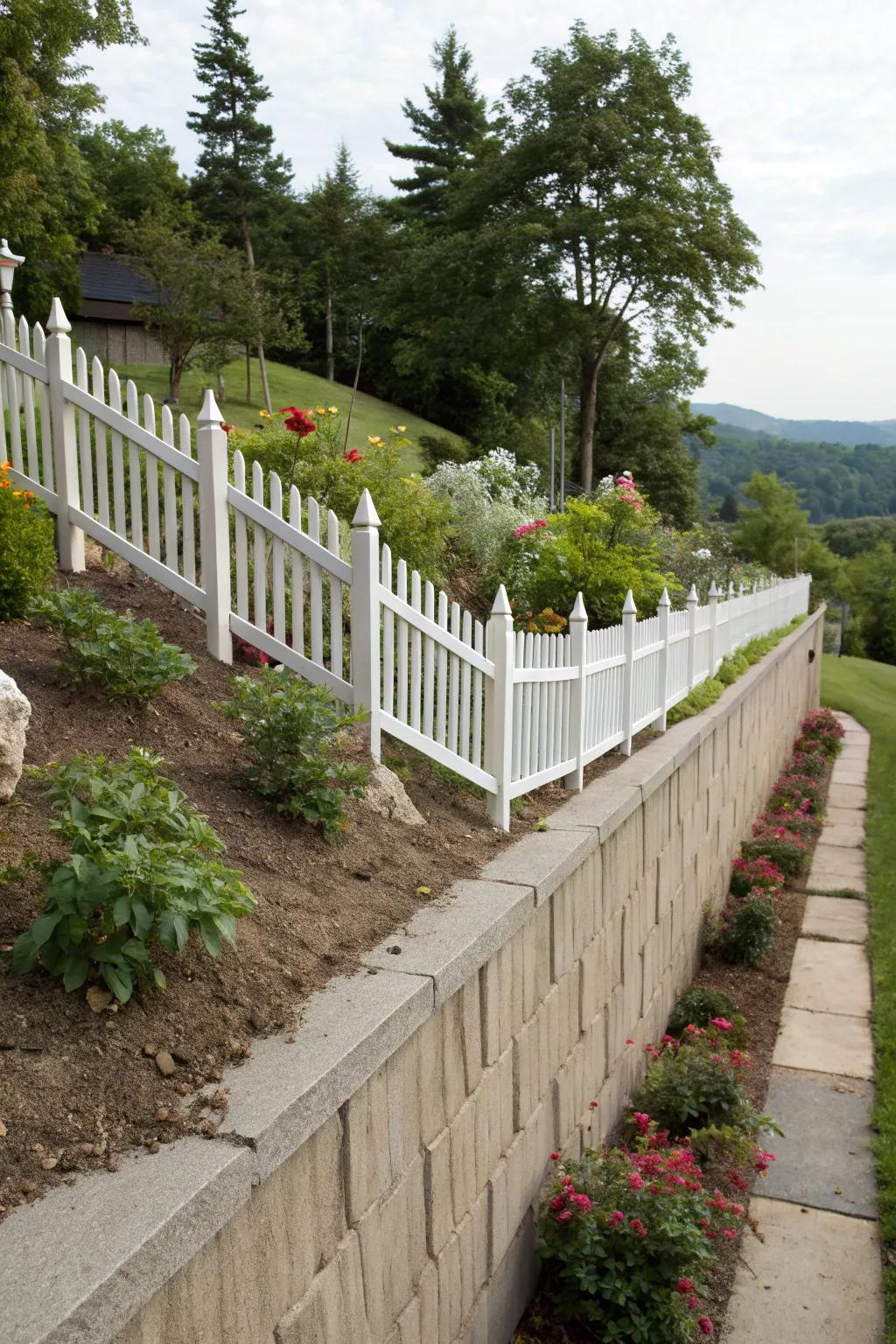 Retaining walls add stability and style to sloped fences.