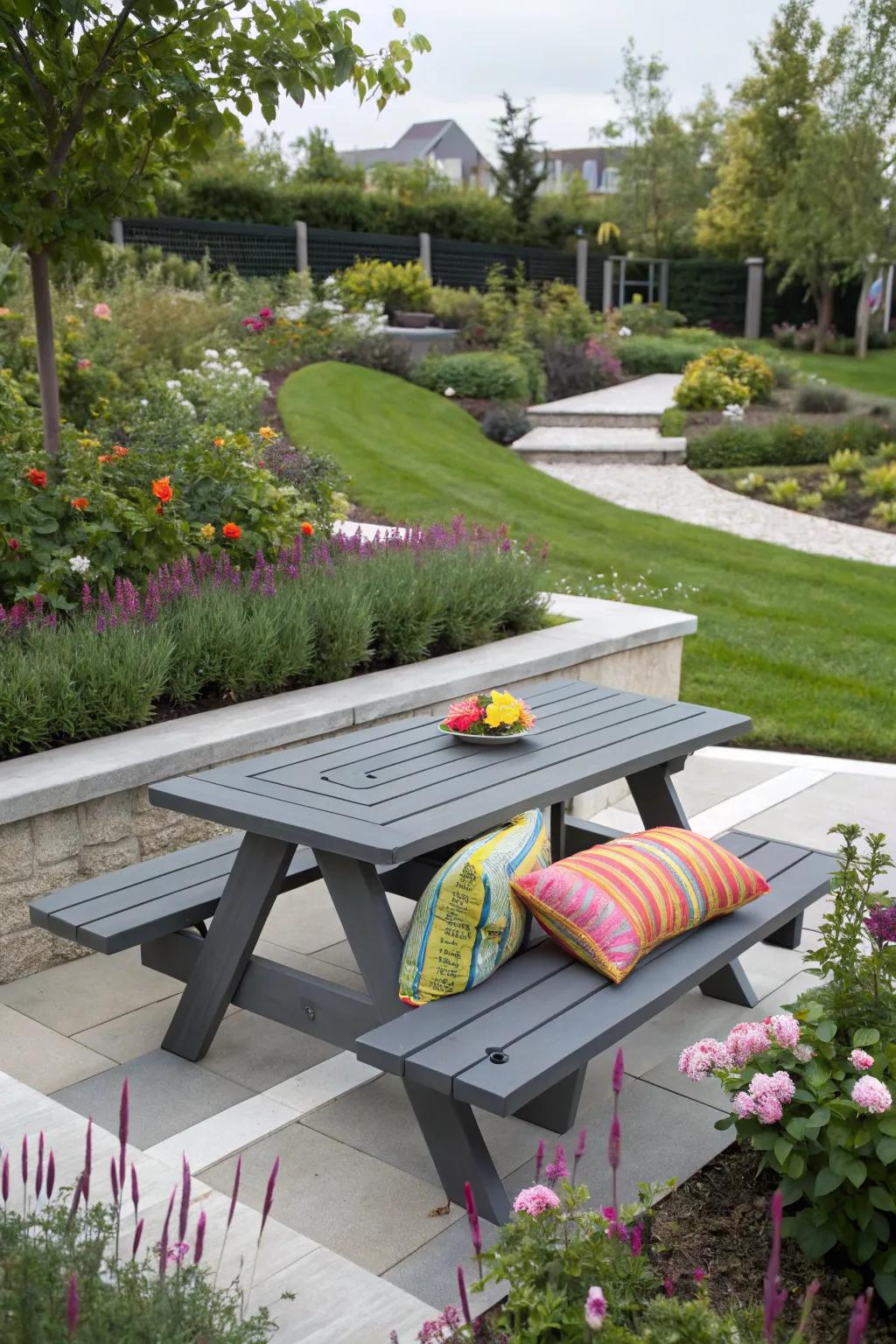 A charcoal gray picnic table exudes sophistication in a modern garden setting.