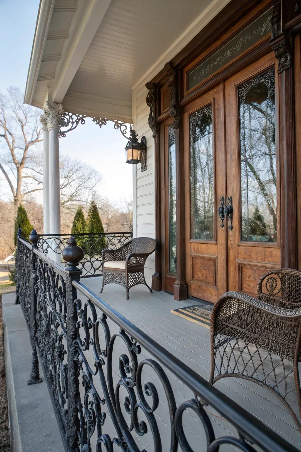 Ironwork railings add vintage elegance to your porch.