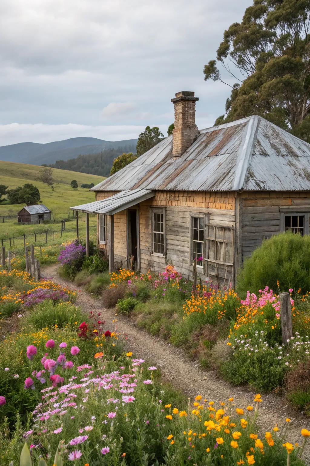 A charming old cottage with a weathered metal roof, exuding a vintage allure.