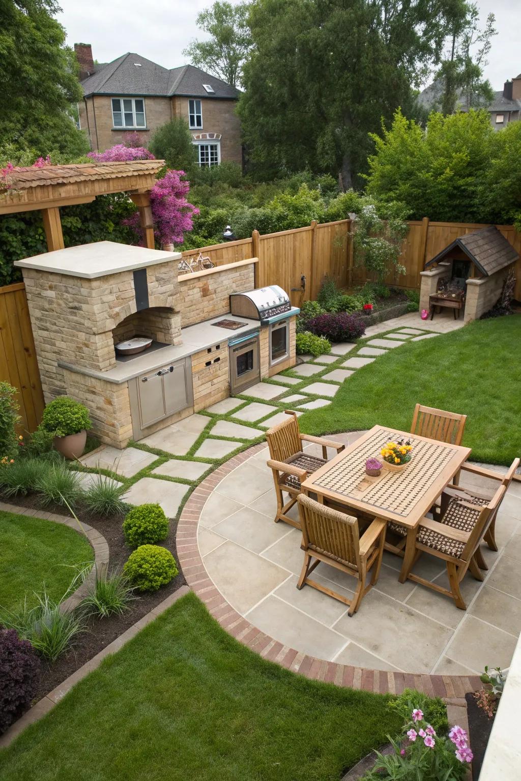An outdoor kitchen and dining area adds functionality to a pie-shaped backyard.