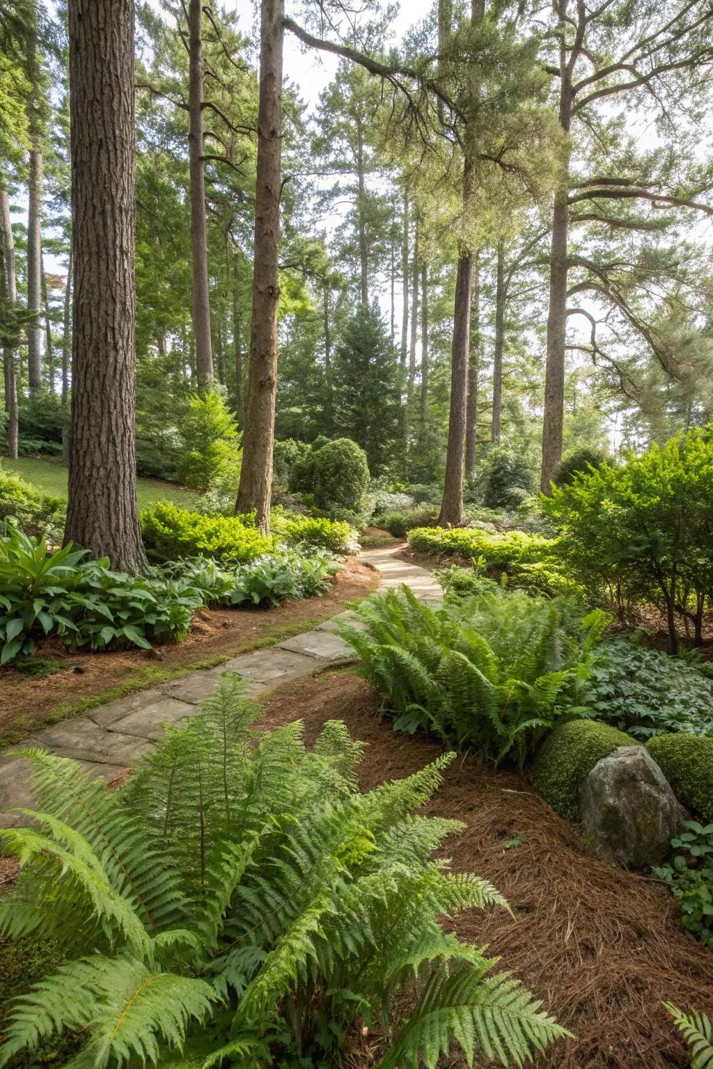 A woodland-themed garden with pine straw mimicking the forest floor.