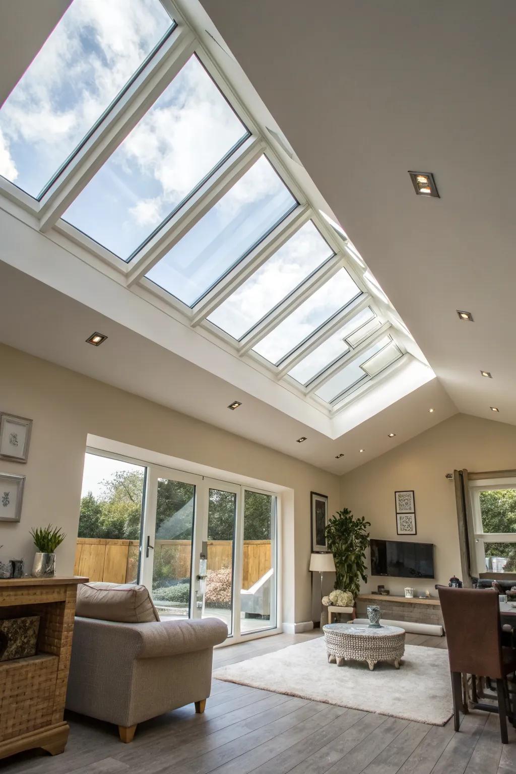 Eco-friendly skylights filling a room with energy-saving natural light.