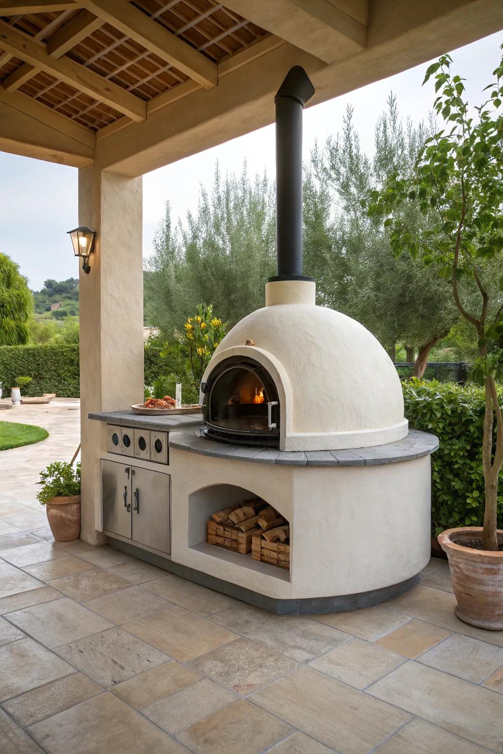 A curved pizza oven that adds an elegant touch to an outdoor setting.