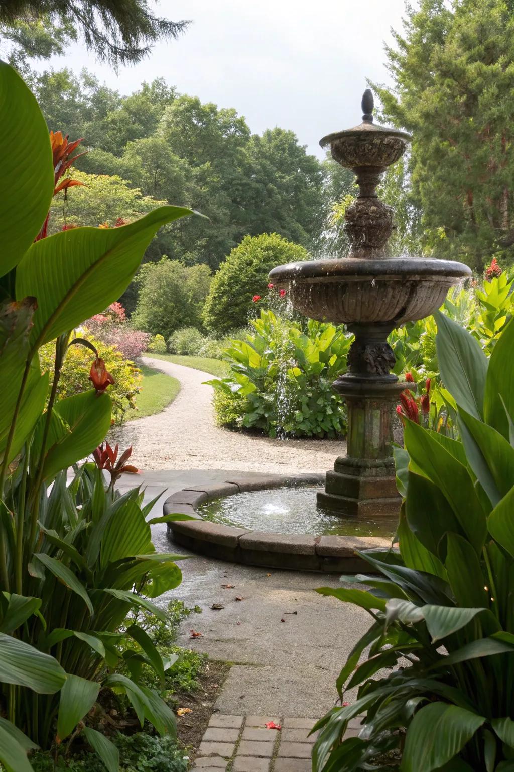Statuesque plants provide dramatic focal points around fountains.