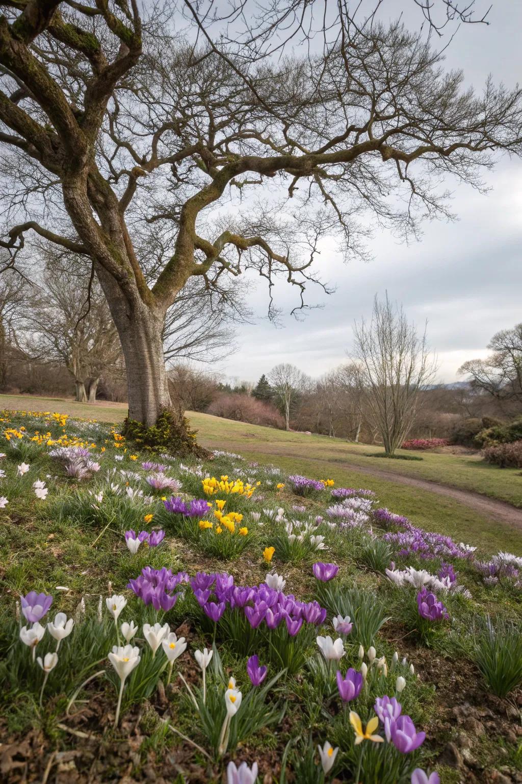 Spring bulbs surprise and delight under trees.