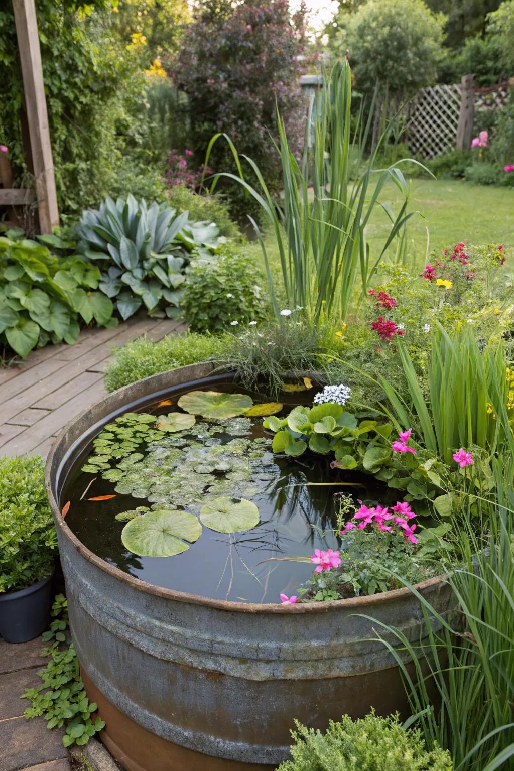 Recycled container transformed into a charming pond with aquatic plants.