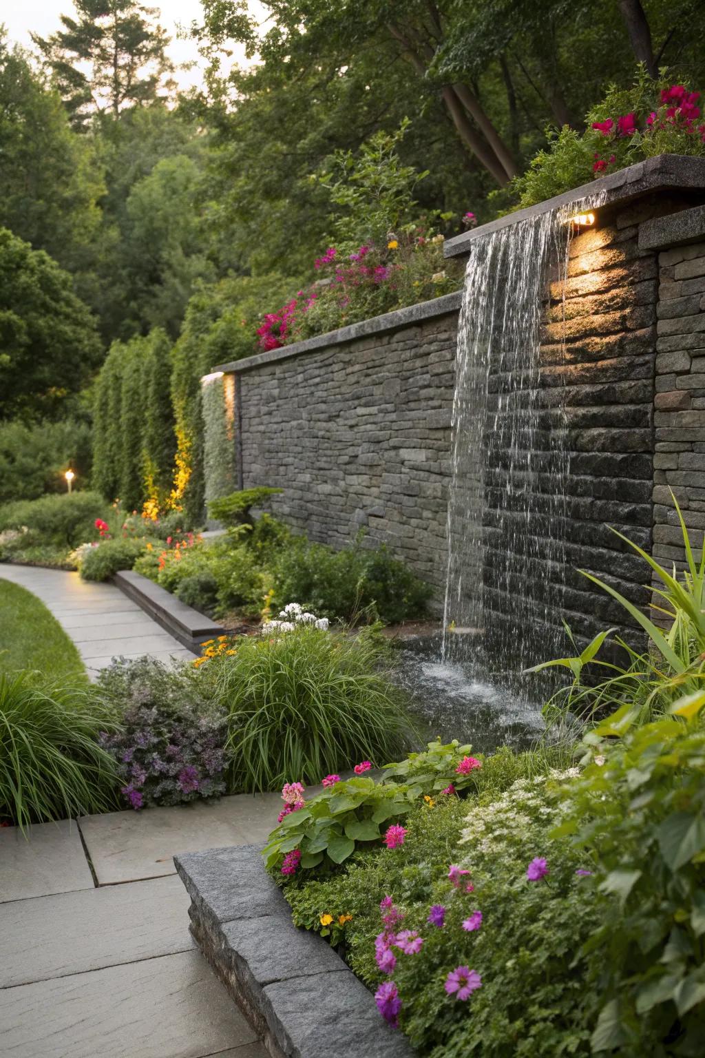 A water wall brings serene sounds and sensory delight to any garden playground.