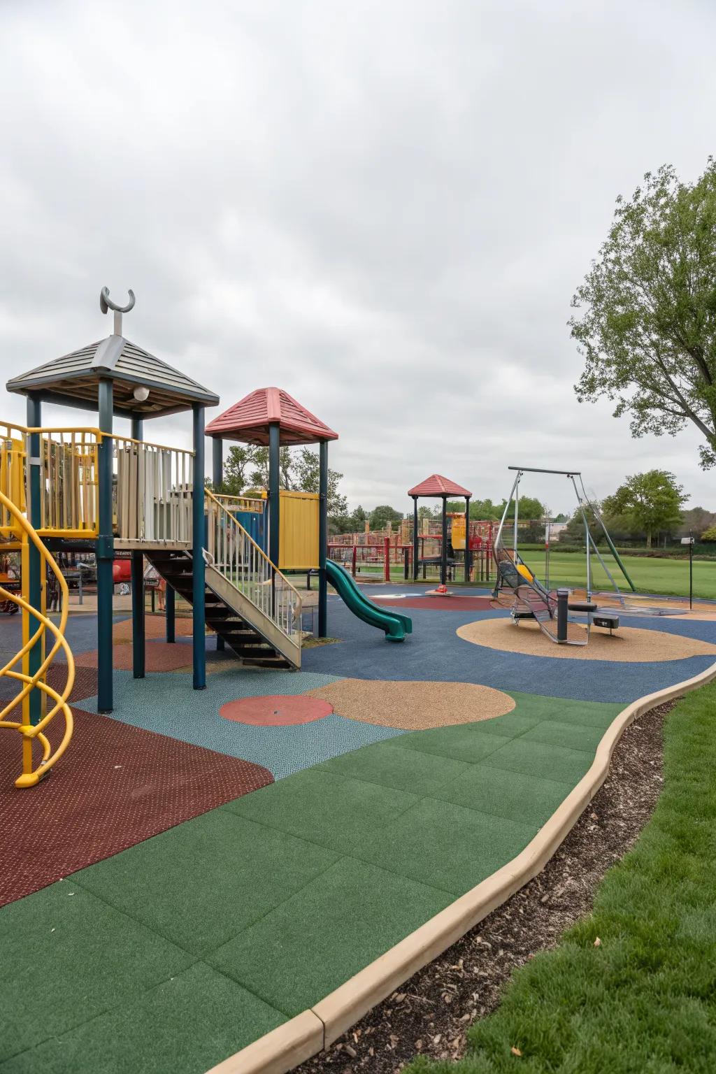Distinct edging materials define various play zones in this playground.