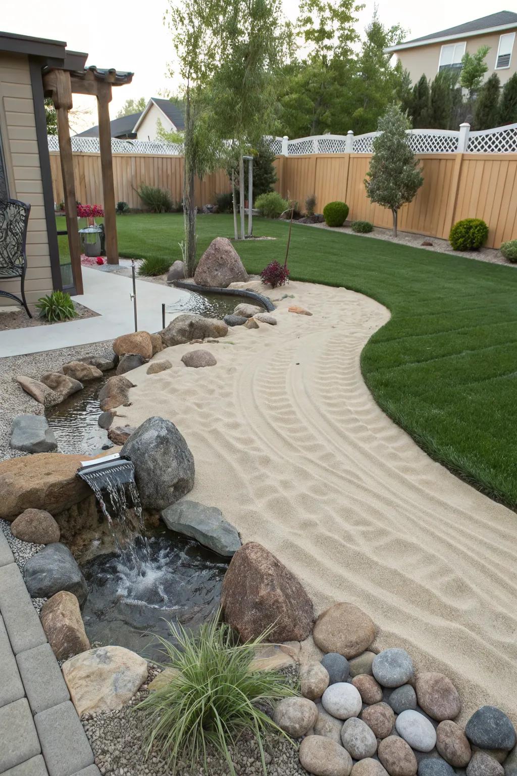 A zen garden on turf offers a peaceful retreat for exploration.