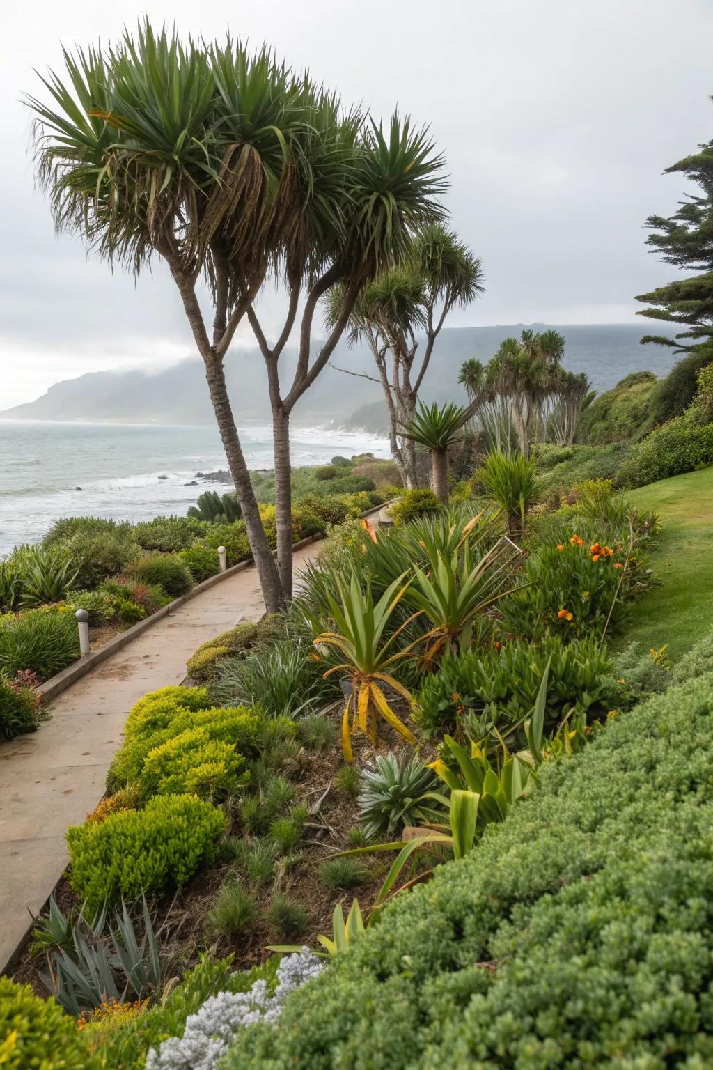 Coastal landscape featuring podocarpus and seaside plants.