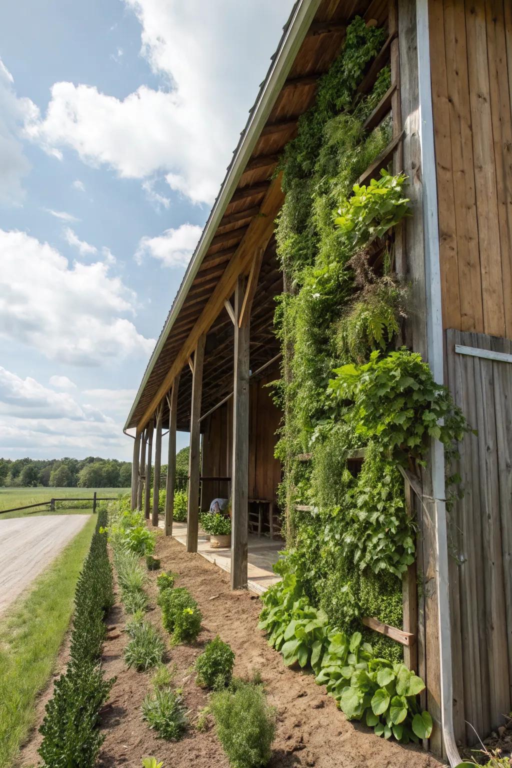 A vertical garden adds vibrant life to a pole barn's exterior.