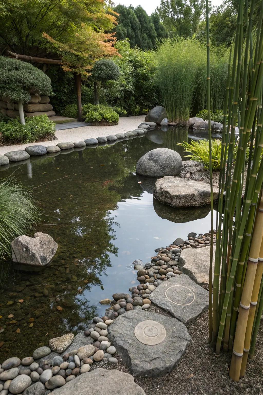Zen elements bring tranquility to your pond bank.