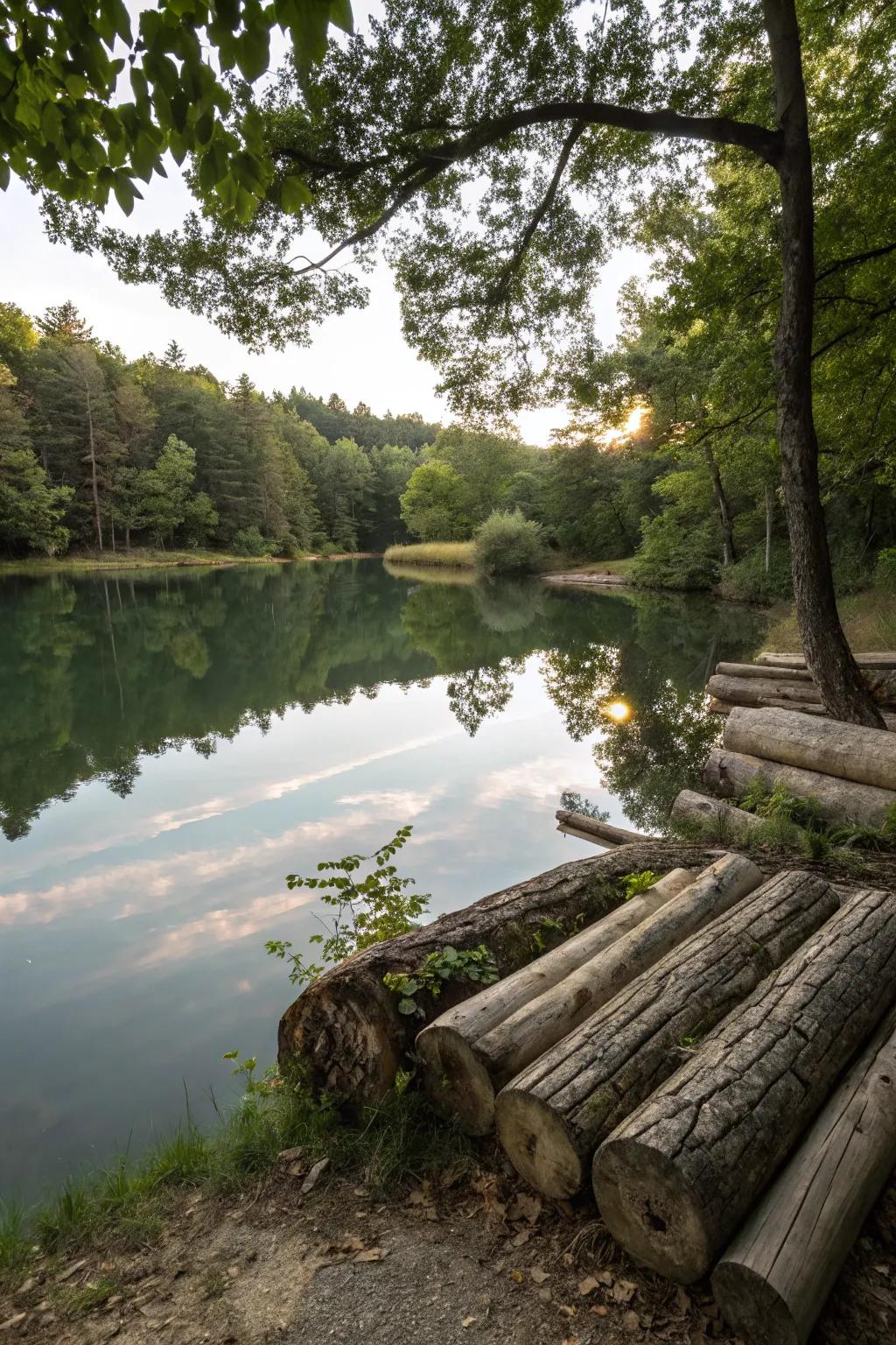 Hardwood logs provide a rustic and natural pond edge.