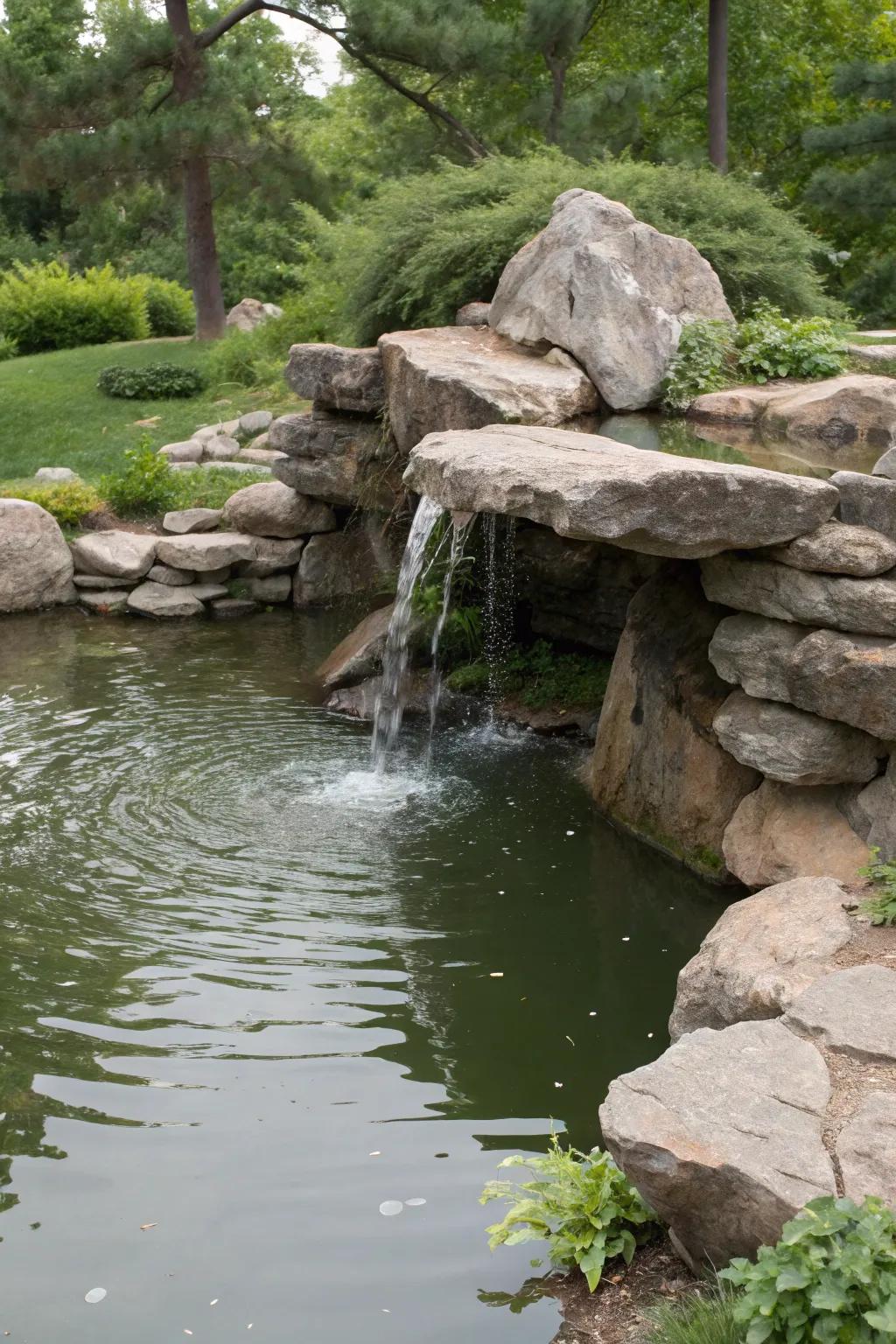 A rock-integrated spitter blends naturally with your pond environment.