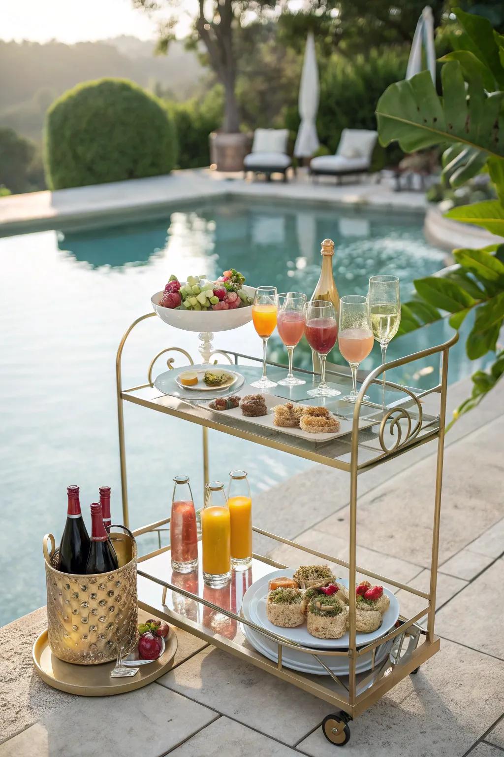 A bar cart on wheels offers convenience and flexibility for poolside service.