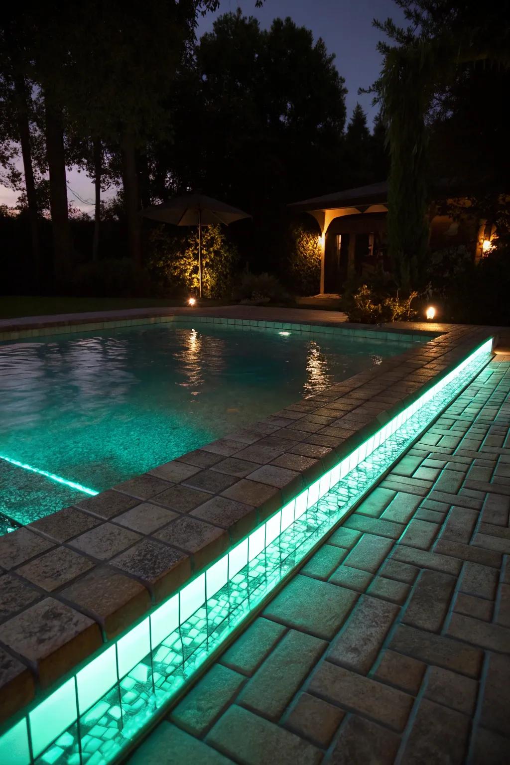 Glow-in-the-dark tiles create a magical nighttime pool experience.