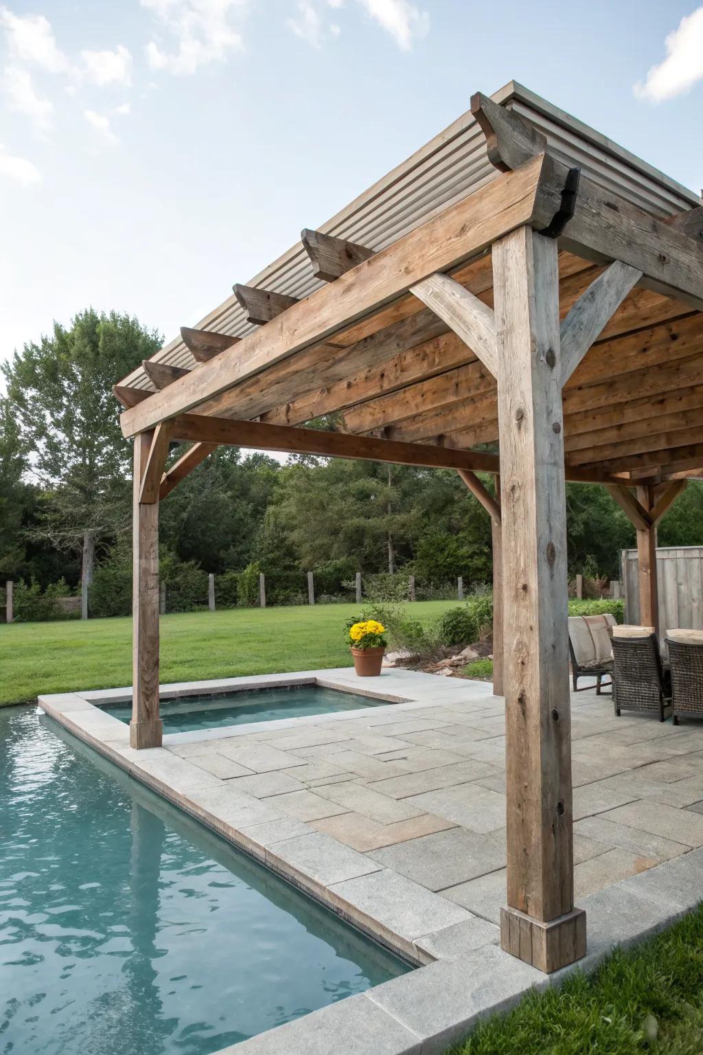 Reclaimed wood brings a cozy, rustic feel to your poolside retreat.