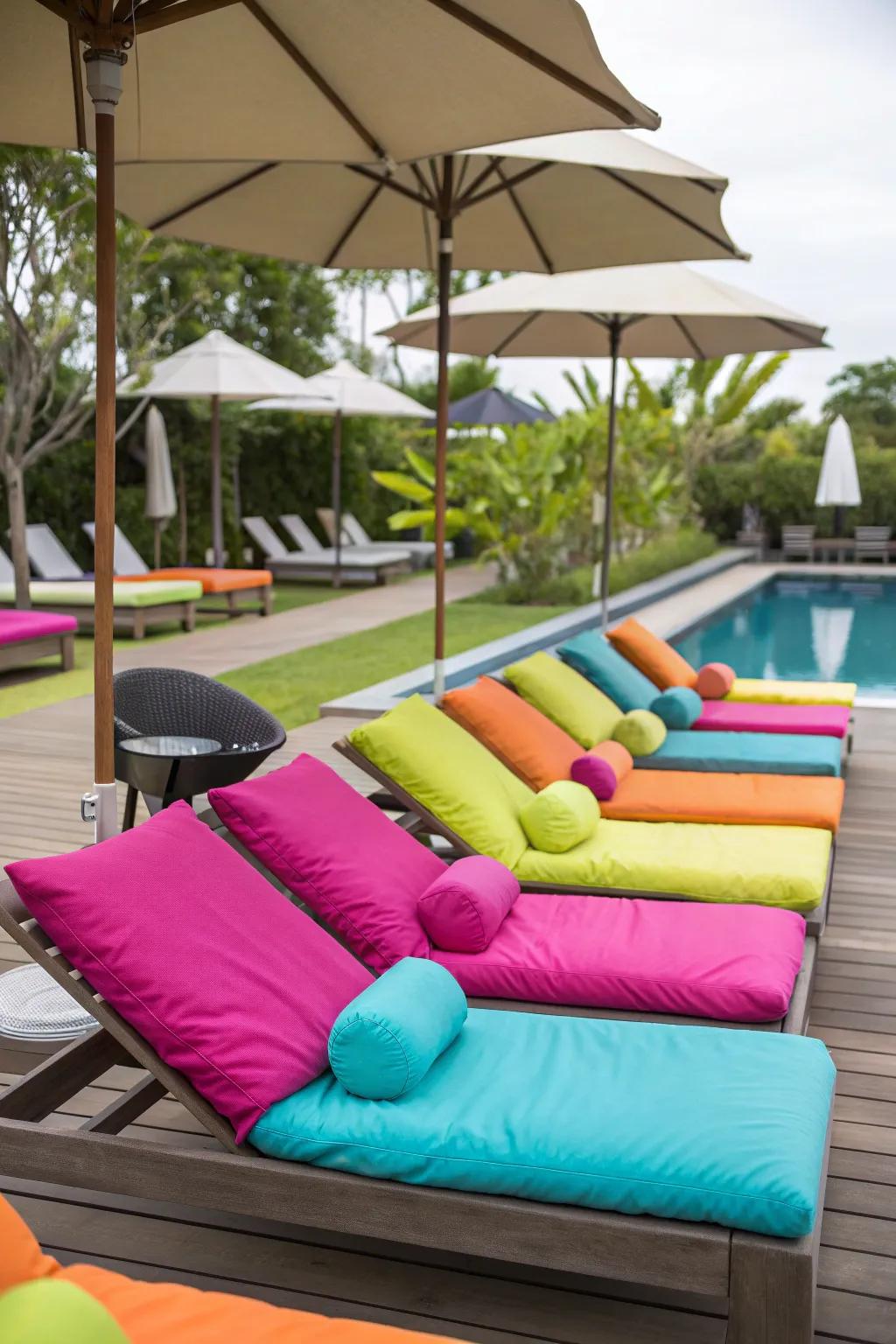 A pool deck seating area featuring colorful outdoor cushions.