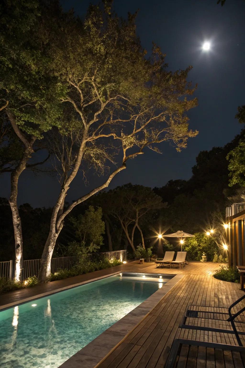Dreamy moonlight effect over the pool deck.