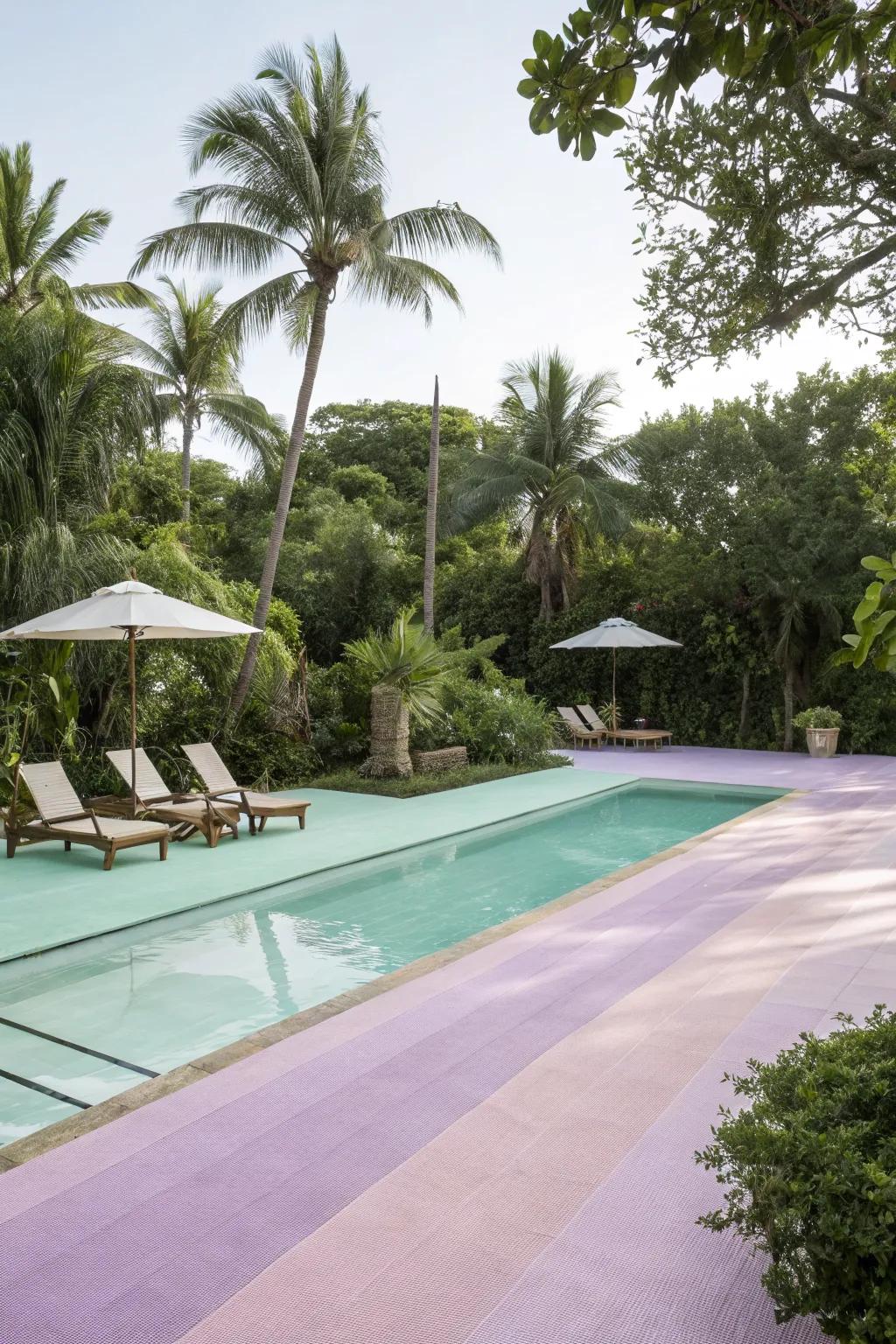 Pastel colors create a calming and dreamy poolside retreat.