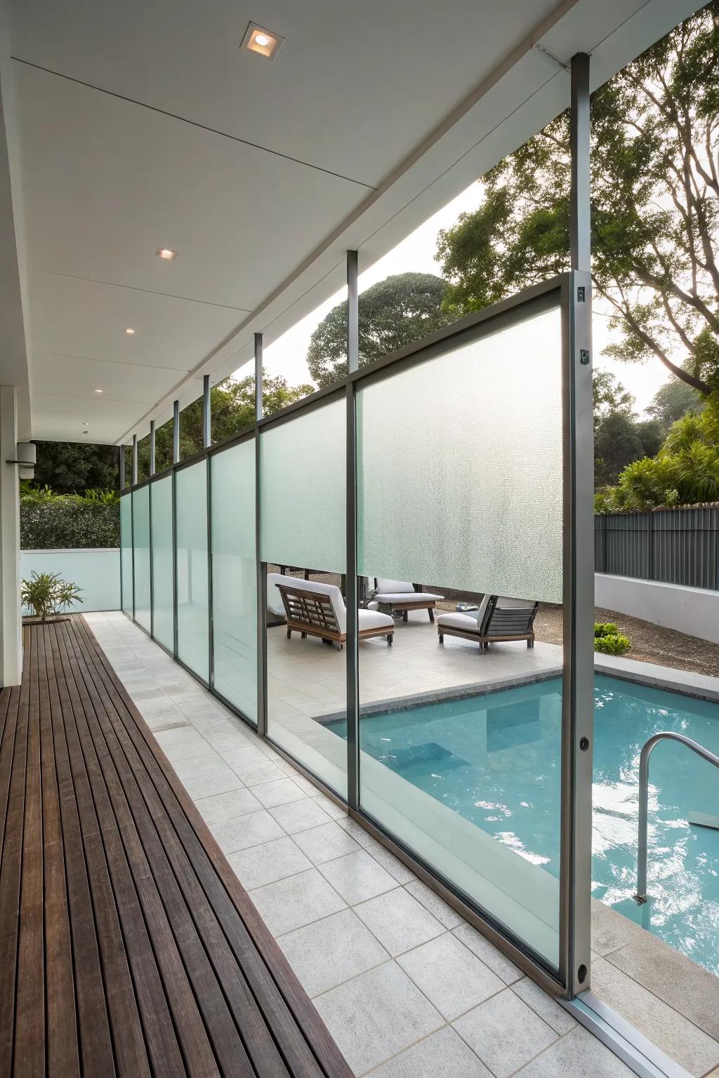 Frosted glass panels offer a modern privacy solution.