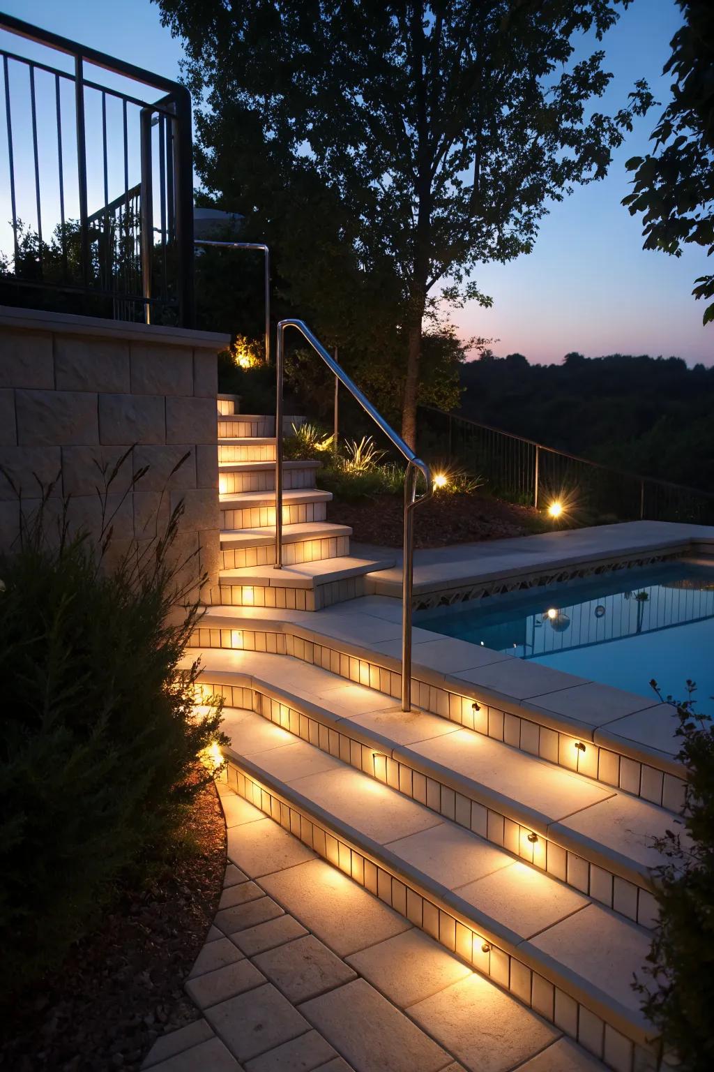 LED lighting adds safety and charm after dark.