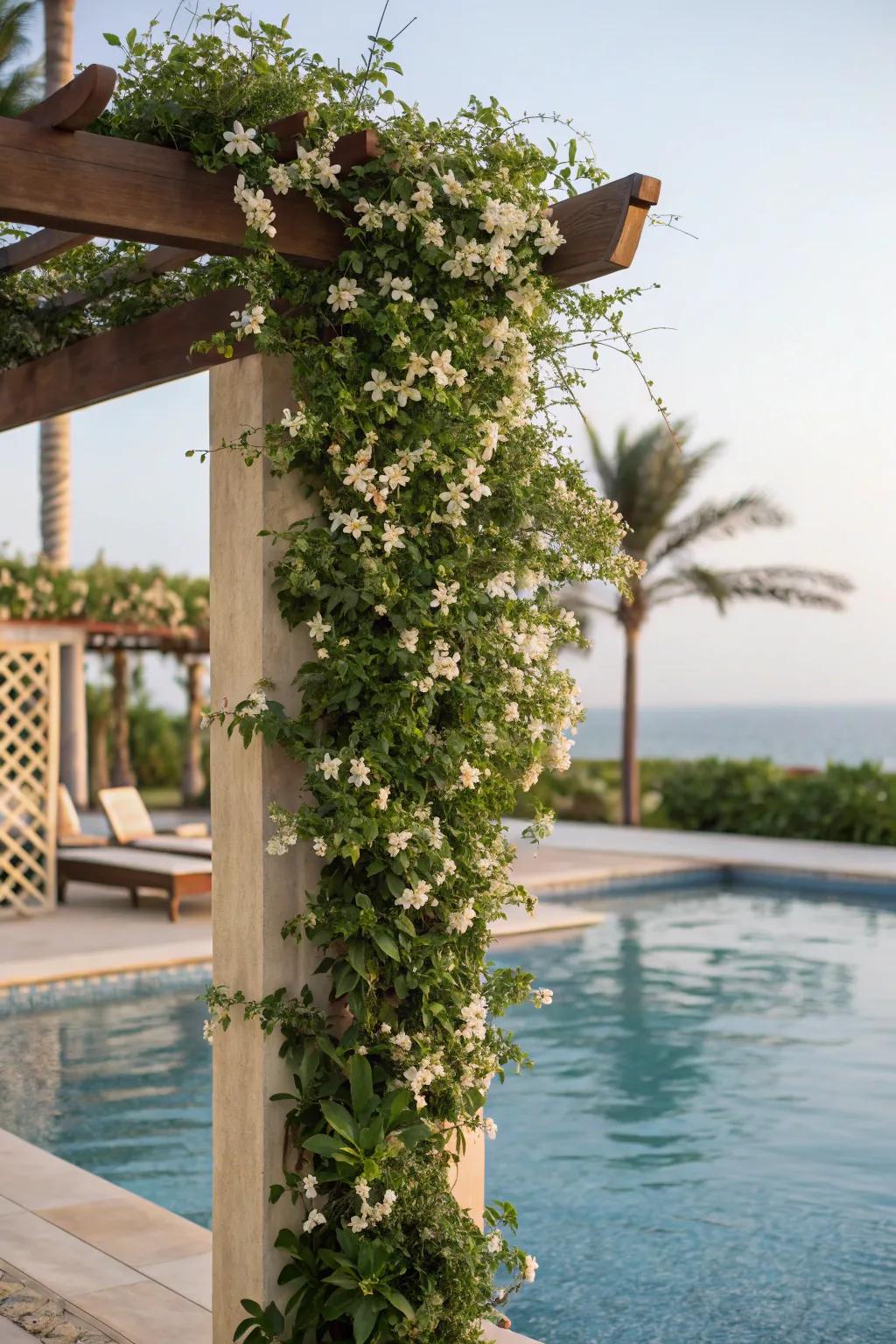 Climbing vines add height and fragrance to your pool area.