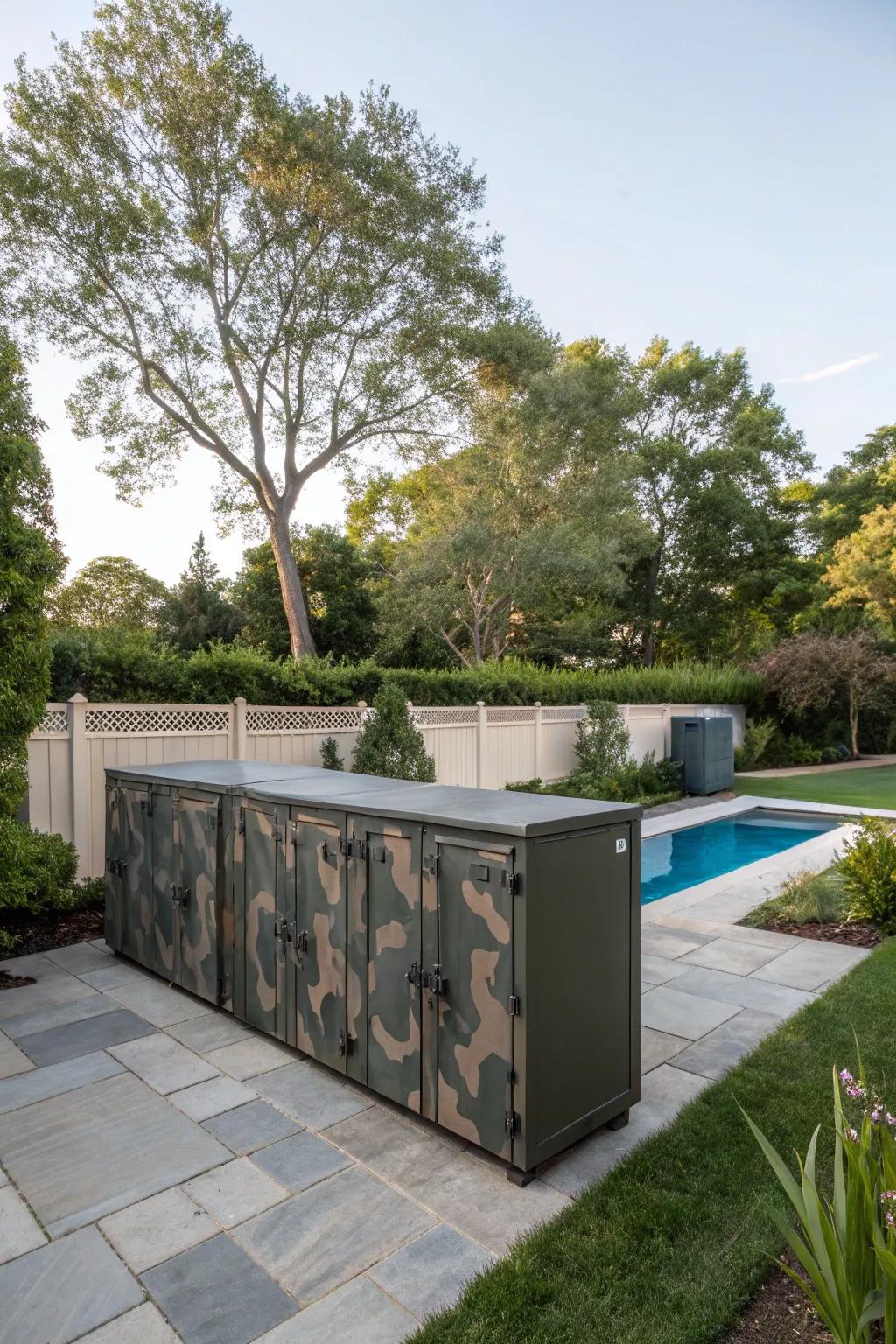 Camouflaged cabinets seamlessly integrate pool equipment into the garden.