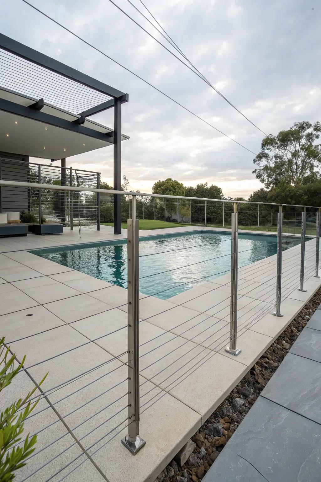 Cable fencing offers a sleek, modern look with minimal visual obstruction.