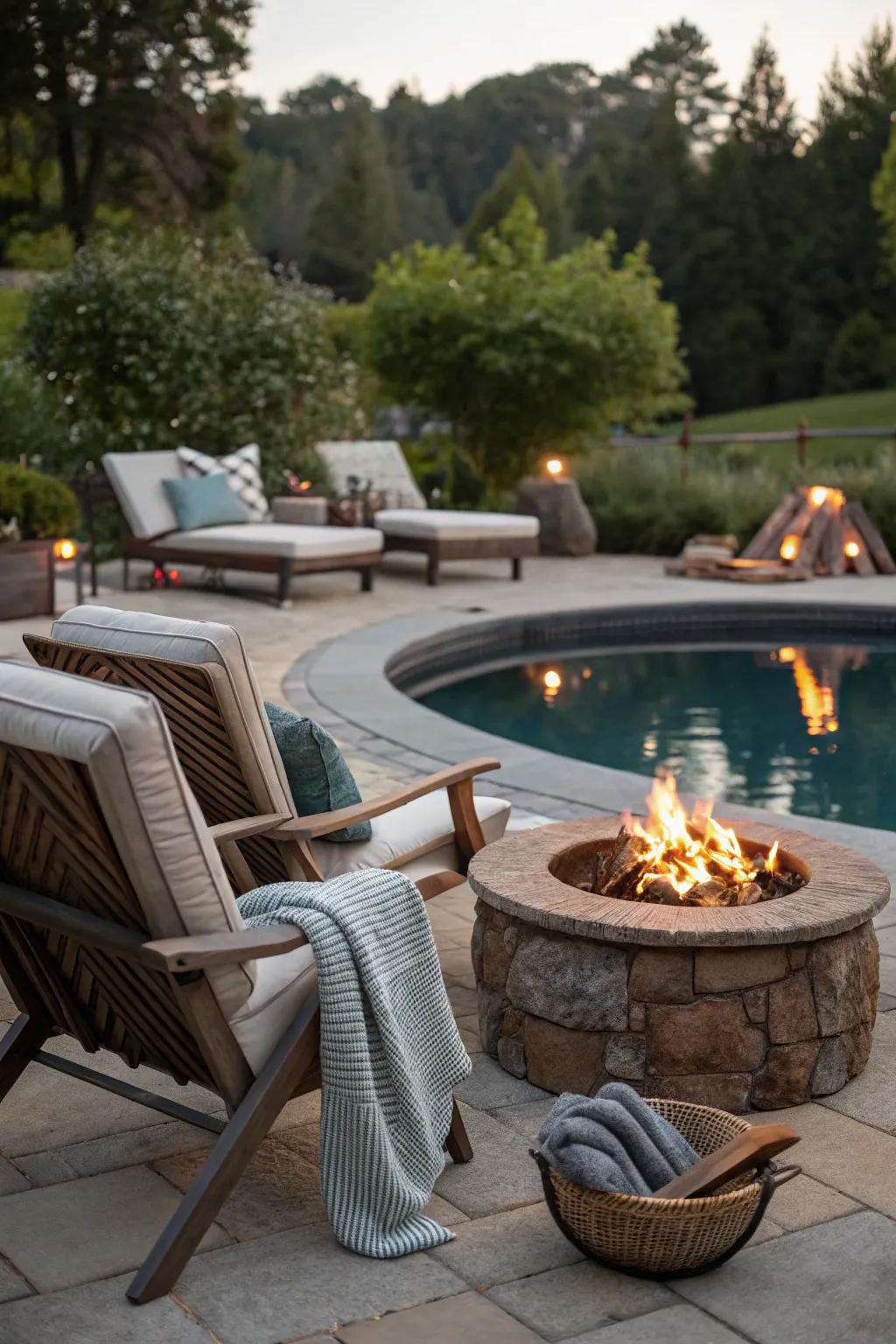 A fire pit adds warmth and a gathering spot by the pool.